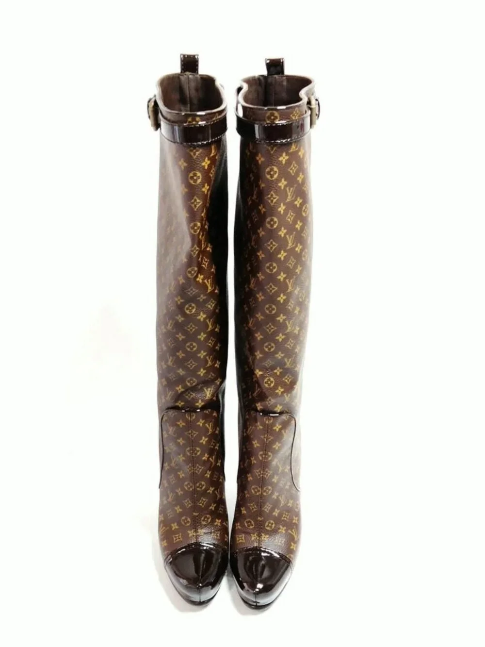 Authentic Louis Vuitton Monogram Silhouette Knee High Boots Brown Patent Leather